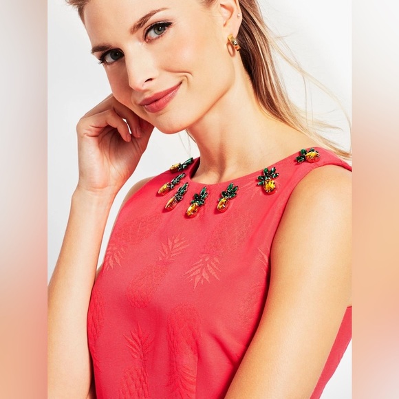 Talbots RSVP Coral Red Pineapple Jeweled Matelasse Sleeveless Sheath Dress- 2P - Picture 2 of 10